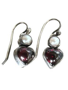 Heart Imitation Pearl & Red Glass Dangle Earrings Unmarked Silver
